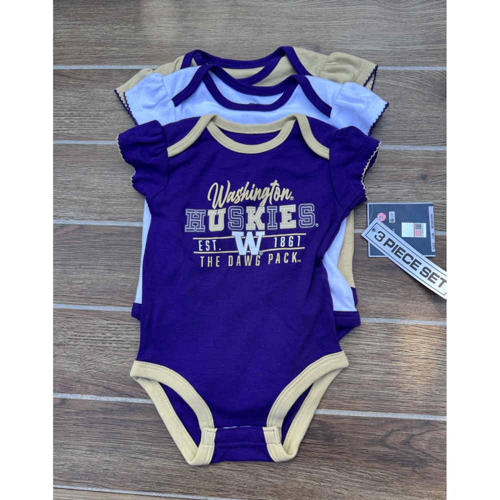 Washington Huskies 3 Piece Baby bodysuit Set Purple Gold 3-6M NWT